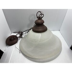 White Swirl Glass Pendant Light Fixture Brown Metal Accent‎ Kitchen Lighting VTG